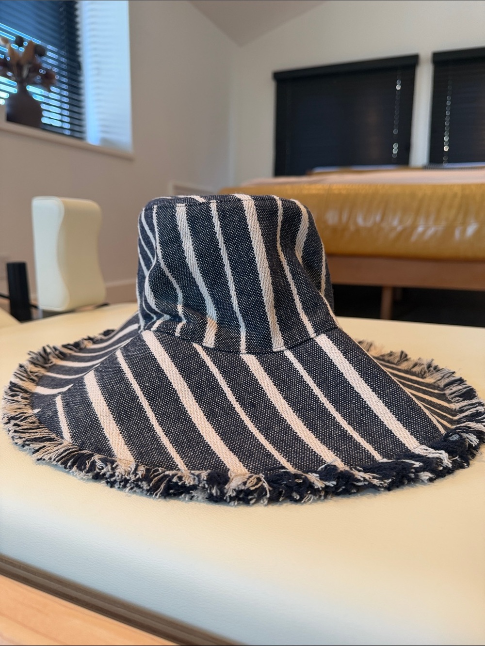 NWT Hat Attack Navy Stripe Fringed Sun Hat
